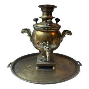 Antique Melon Shape Golden Shiny Brass Russian Samovar/Hot Urn for Tea With Platter