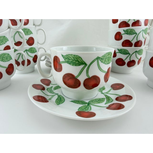 1970s 1970s Richard Ginori Cherries Pattern - 6 Cream Soup Bowls, 6 Teacups, 12 Saucers - 24 PCS For Sale - Image 5 of 8