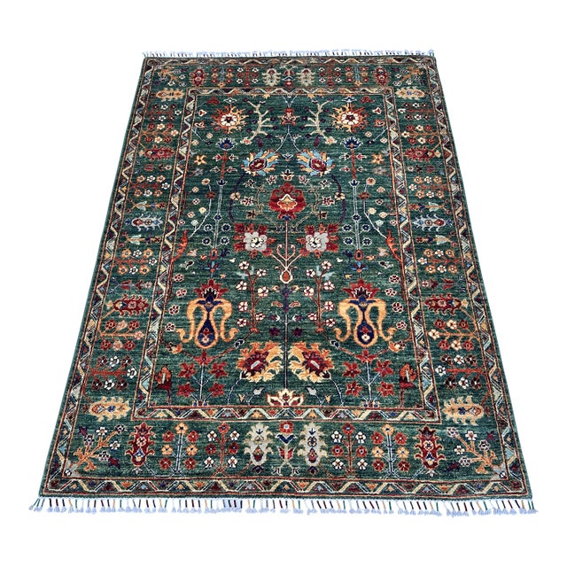 Green Persian Oushak Hand-Knotted Wool Rug - 4'11" X 6'10" For Sale
