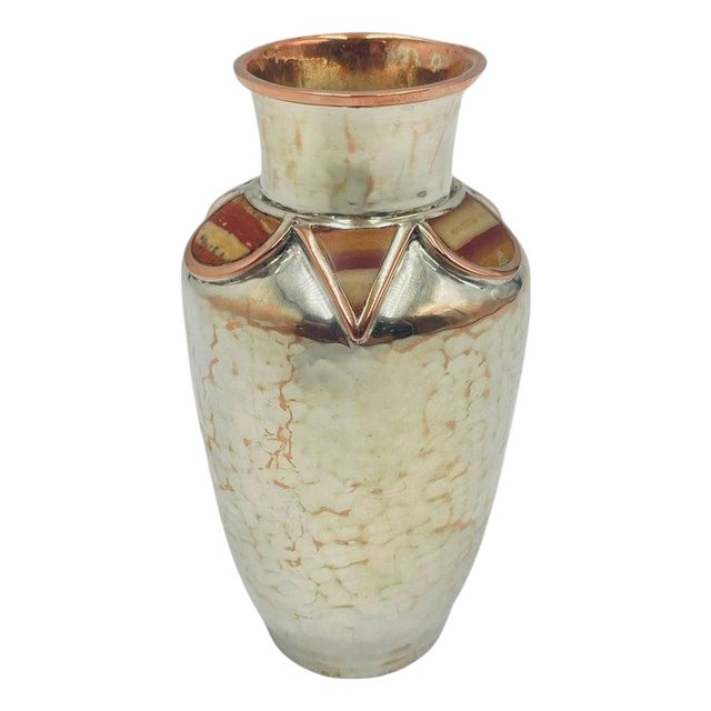 Vintage Silver Plated Flower Vase With Jasper Stone Inlay by Emilia Castillo For Sale