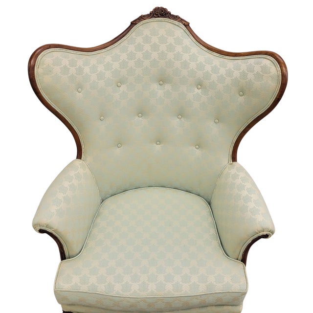 Vintage French Louis XV Style Carved Wood Wingback Bergère Chairs in Pale Green Damask – Pair For Sale - Image 10 of 12