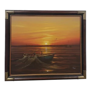 1960s Vintage Golden Sunset Nautical Oil Painting, Framed