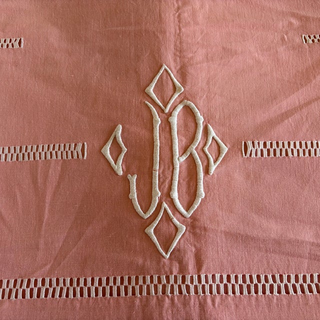 Antique French Pink Wedding Trousseau King Size Linen Sheet with Drawn-Thread Work and Monogram, 1930s For Sale - Image 4 of 5