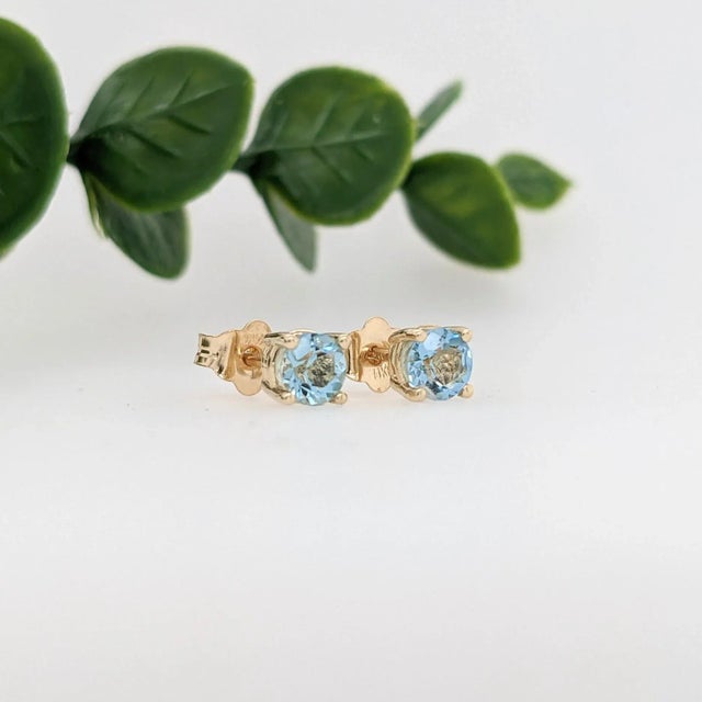 Modern Aquamarine Four Prong Solitaire Stud Earrings in Solid 14k Gold Round - 2 Pieces For Sale - Image 3 of 6