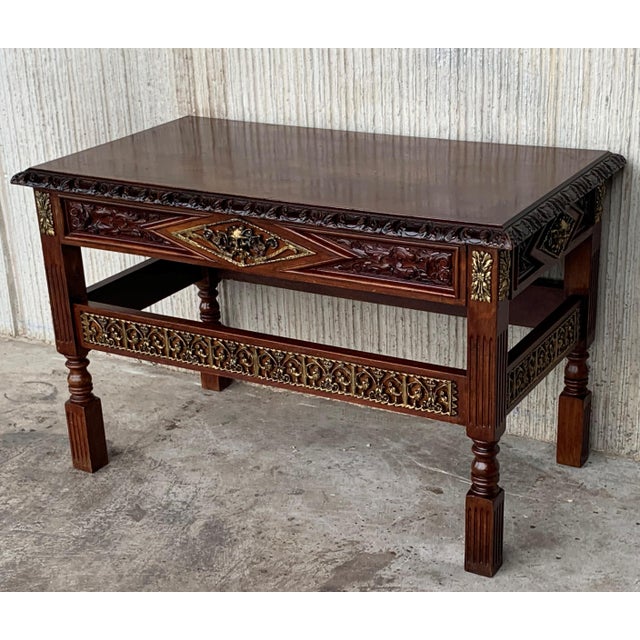 Spanish Revival Early 20th Carved Walnut Side Table With One Drawer and Bronze Mounts For Sale - Image 3 of 13