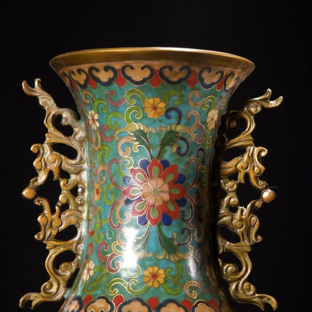 Bright Green Pair of Monumental Chinese Cloisonné "Crane & Pine" Vases With Gilt Dragon Handles - 7.5kg For Sale - Image 8 of 9