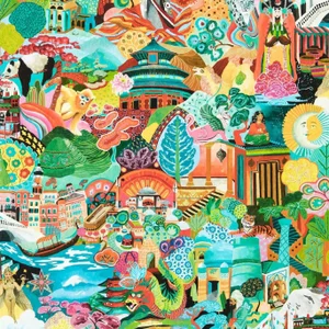 Harlequin Journey of Discovery Wallpaper in Ionian/Harissa/Emerald - a Sample