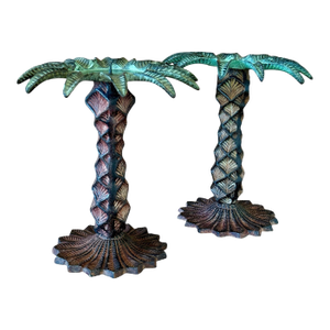 Pair of Vintage Cast Iron Palm Tree Candlestick Holders With Verdigris Patina