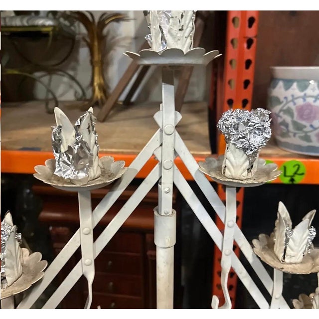 Tall Vintage White Metal Standing Candelabra For Sale - Image 4 of 7