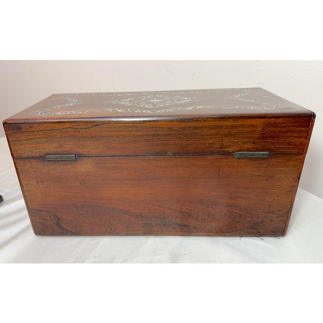 Antique 1800's English Inlaid Mother of Pearl Rosewood Wood Dual Tea Caddy Box For Sale - Image 12 of 18