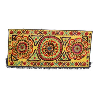 4.7x10.5 ft Handmade Suzani Wall Hanging in Yellow, Silk Embroidery Table Runner For Sale