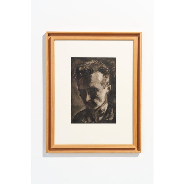 Stunning original 1951 charcoal and graphite self-portrait drawn by listed artist Jean-Marie Sorgue (French, 1924-2010)....