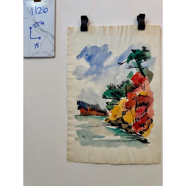 Paper Henry Emil Salloch Original Watercolor on Paper Vivid Autumn Lakeside Scene, 1963 For Sale - Image 7 of 7