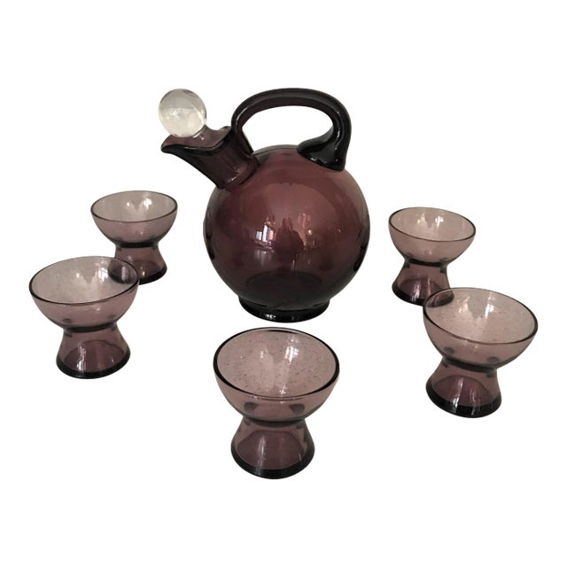 Art Deco Amethyst Glass Decanter Set- 6 Pieces For Sale