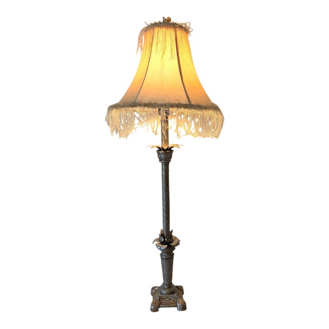 1970s Traditional Silver Metallic Table Lamp With Beige Bell Fringe Shade For Sale