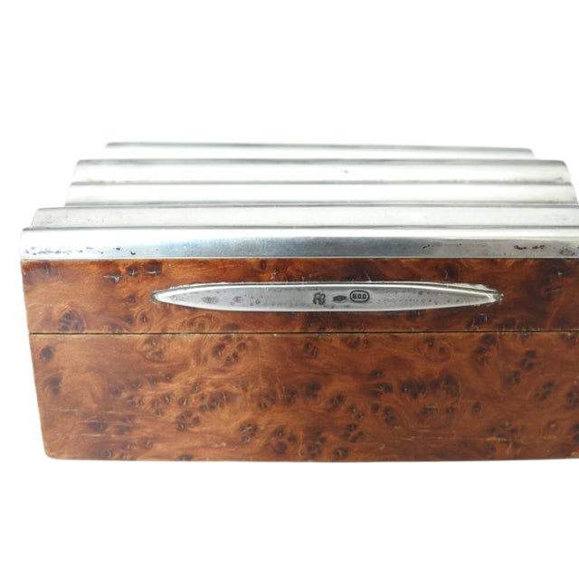 Wood Antique Art Deco Italian 800 Silver & Burl Wood Cigarette Box With Wavy Lid For Sale - Image 7 of 9