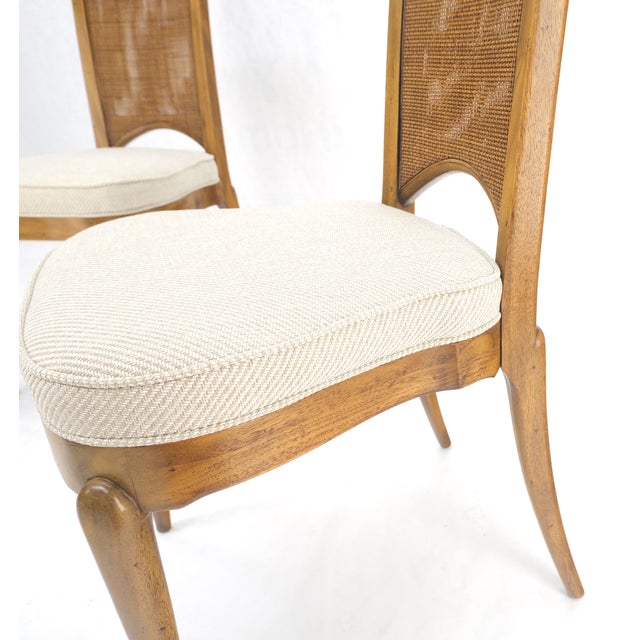 Mid-Century Modern Set 4 Burl Wood Cane Back NEW Upholstery Dining Chairs Mid Century Modern MINT! For Sale - Image 3 of 15