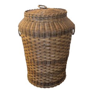 German Tall Wicker Basket With Lid and Handles - 1980s