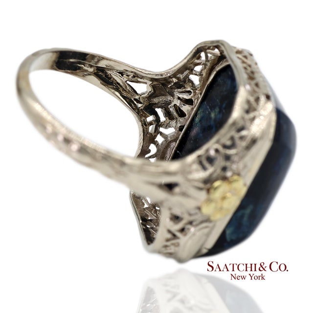 Blue 14k Two Tone Yellow and White Gold Blue Stone Ornate Floral Motif Ring, Size 5.25 For Sale - Image 8 of 13