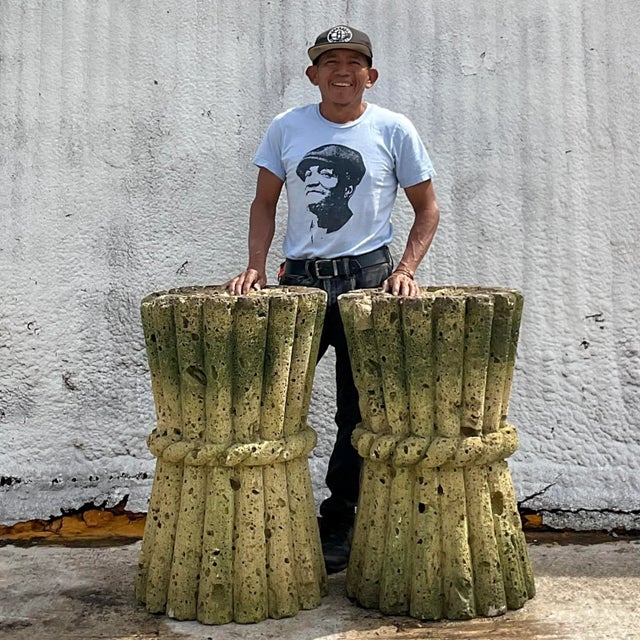 Mid 20th Century Vintage Boho Cut Coquina Stone Bamboo Table Pedestals - a Pair For Sale - Image 9 of 9