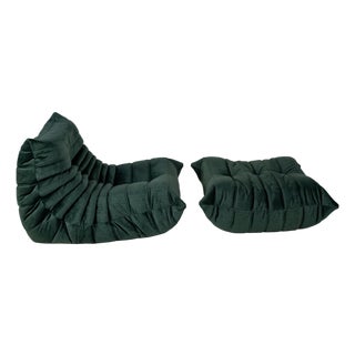 Togo Lounge Chair and Pouf in Dark Mint Velvet by Michel Ducaroy for Ligne Roset, 1973, Set of 2 For Sale