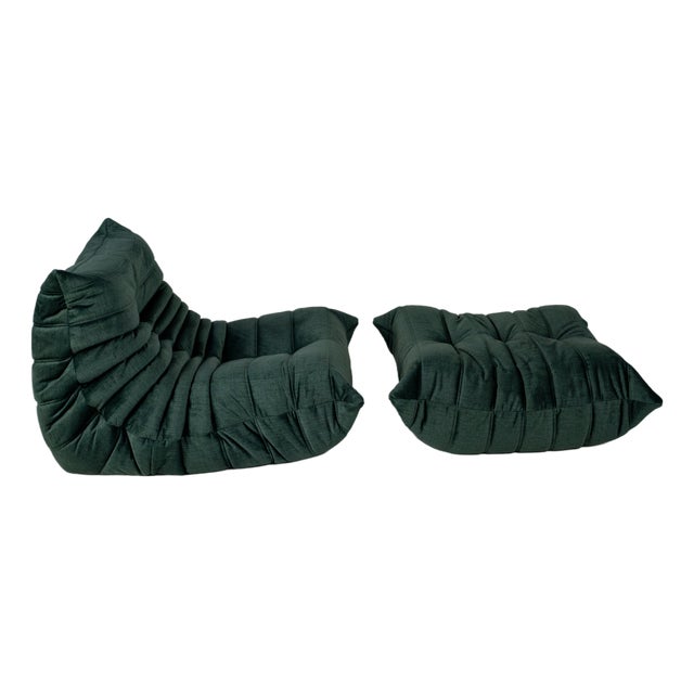 Togo Lounge Chair and Pouf in Dark Mint Velvet by Michel Ducaroy for Ligne Roset, 1973, Set of 2 For Sale