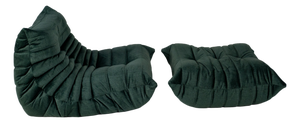 Togo Lounge Chair and Pouf in Dark Mint Velvet by Michel Ducaroy for Ligne Roset, 1973, Set of 2