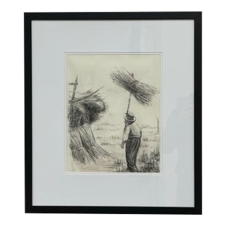 Drawing of European Laborer in Charcoal, Framed For Sale