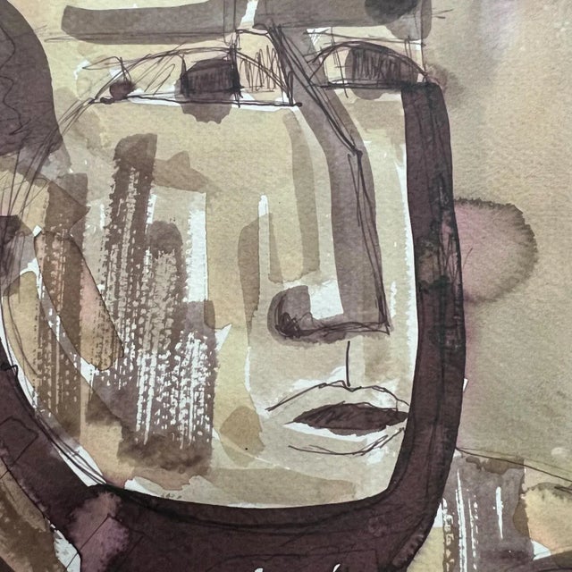 Brown Mid 20th Century Beautiful Brown Face Watercolor Ink on Paper Signed 1967 For Sale - Image 8 of 9