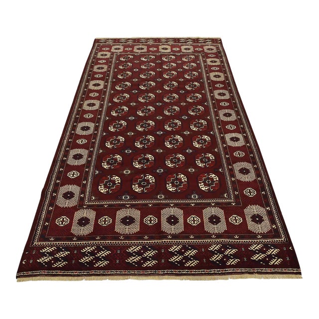 Turkmen Rug 7'7'' X 12'5'' Red Wool Vintage Hand-Knotted Oriental Carpet For Sale