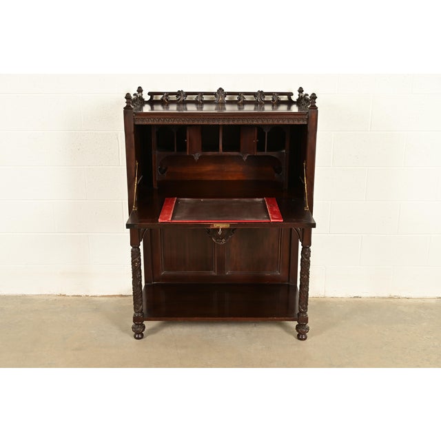 Late 19th Century Antique English Victorian or Gothic Revival Carved Walnut Drop Front Secretary Desk | Circa 1880s For Sale - Image 5 of 14