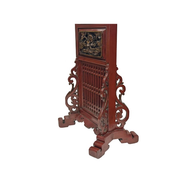 Vintage Chinese Brick Red Wood Floor Lamp With Golden Carving Base For Sale - Image 9 of 10