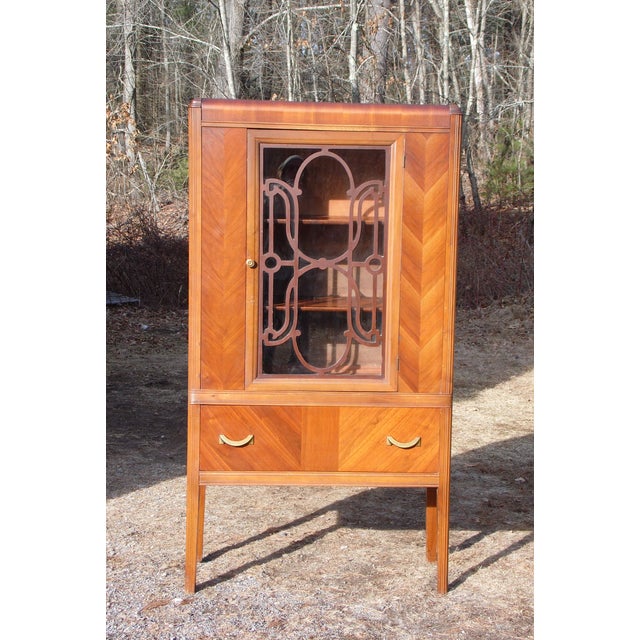 1930's Antique Walnut & Glass Art Deco Waterfall Curio China