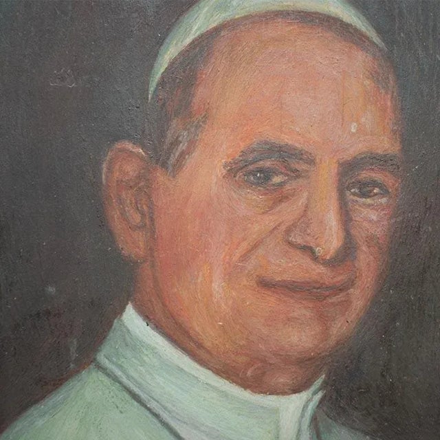 Small Vintage French Oil Portrait Painting on Wood of Catholic Pope Paul VI France For Sale - Image 4 of 7