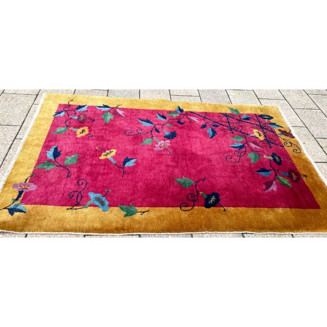 Early 20th Century Antique Art Deco Chinese Rug Flower Lovers 3'1" X 4'10" #17451 C-1920's For Sale - Image 10 of 11