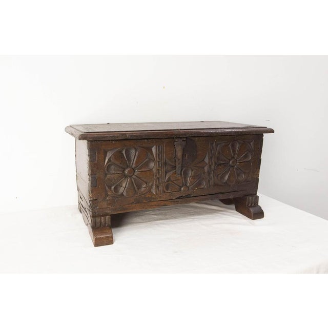 Antique French Rustic Chest in Carved Oak and Wrought Iron, 1900 For Sale - Image 4 of 11