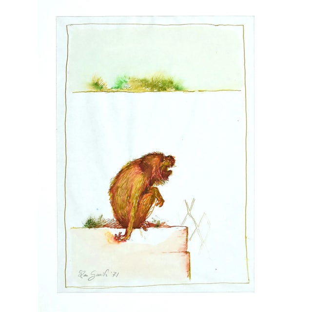 The monkey is an original painting in watercolor on paper by Leo Guida in 1971. The state of preservation is good\. On the...