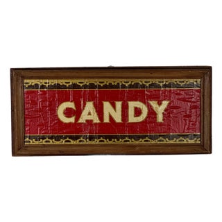 Vintage Hand Painted "Candy" Framed Sign, Red & Gold on Paper For Sale