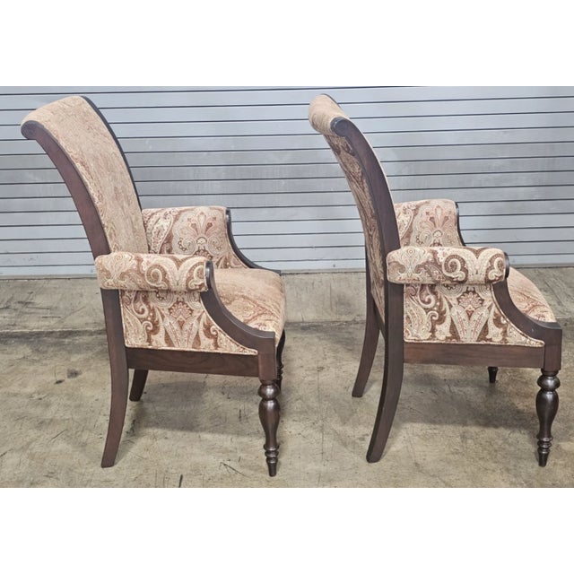 Wood Late 20th Century Pair of Paisley Upholstered Coffee Color Stain Armchair Made by Country Hill, Millersburg Ohio For Sale - Image 7 of 12