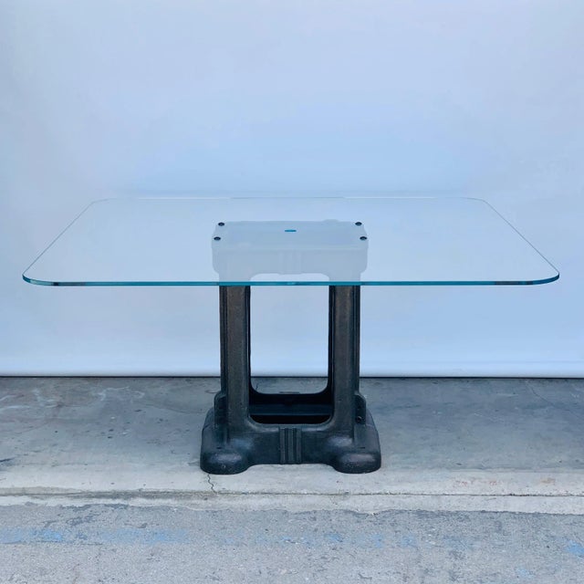 Industrial Sculptural Cast Iron Pedestal and Glass Industrial Dining / Work Table For Sale - Image 3 of 7
