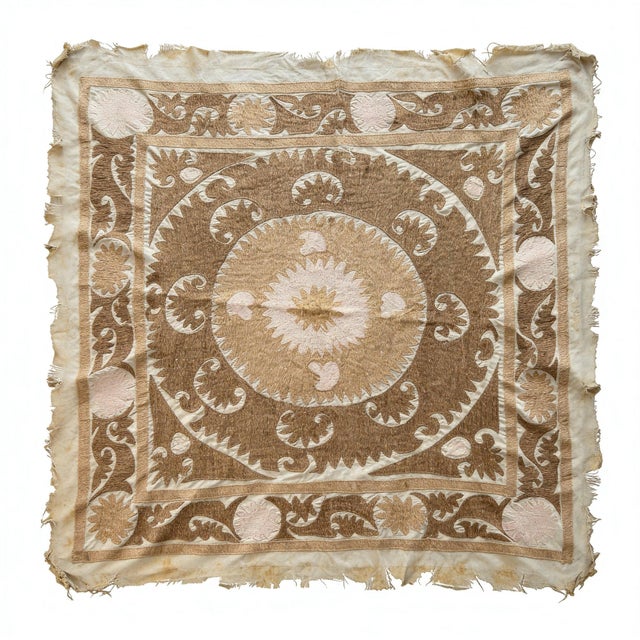 1960s Suzani Wall Decor — Neutral Tan Uzbek Tablecloth For Sale - Image 5 of 12