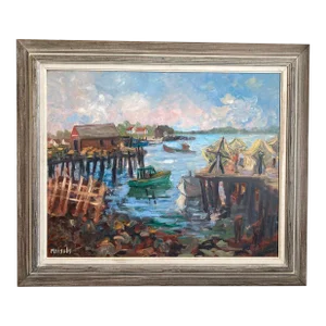 Large Vintage Wpa Style Dock Scene Painting, Signed, Framed