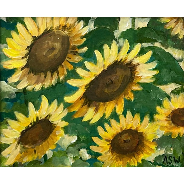Angela Wakefield Golden Yellow Sunflowers Study on Green Background by Contemporary Artist, 2023 For Sale - Image 9 of 12
