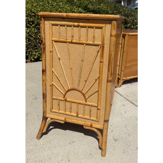Vintage Bamboo / Grasscloth “Rising Sun” Dresser & Nightstand, a Set of 2 For Sale - Image 15 of 15