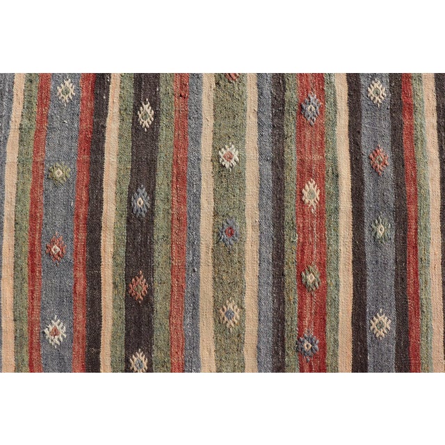 Mid 20th Century Mid 20th Century Turkish Vintage Kilim Striped Runner With Tribal Motifs in Copper and Greens For Sale - Image 5 of 12