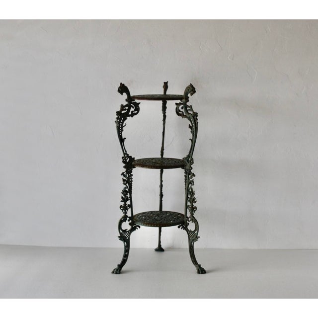 Victorian Style Cast Iron Three Tiered Jardinière Plant Stand Lion Head Paw Footed Details Vintage For Sale - Image 12 of 18