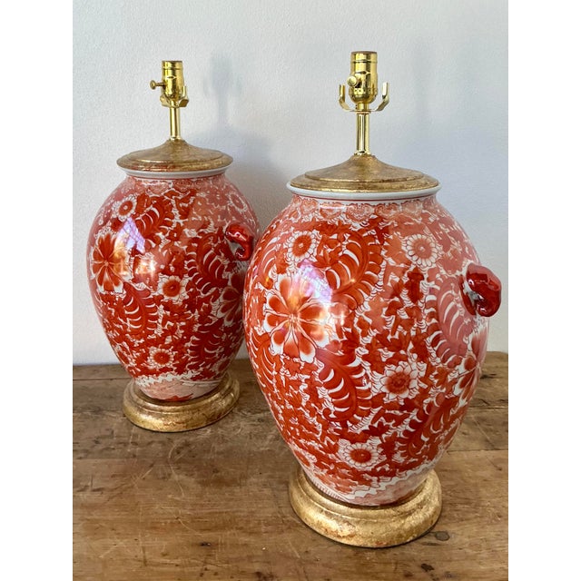 Late 20th Century Vintage Boho Floral Glazed Ceramic Lamps - A Pair For Sale - Image 5 of 12