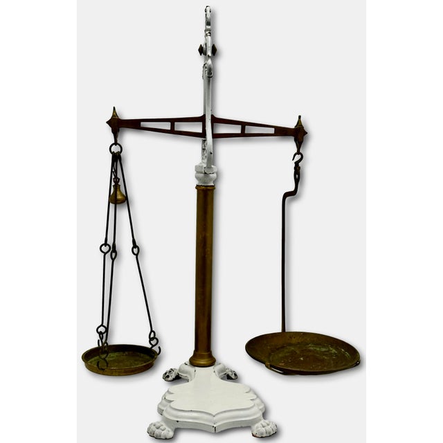 Brass Very Large Size Antique Brass & Enameled Cast Iron Manchester England Wholesale Poultry Sellers Scale - 34 Inches Tall For Sale - Image 8 of 18