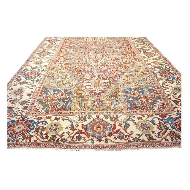 1900 - 1909 Antique Persian Heriz Wool 11X19 Rust, Ivory & Blue Handmade Area Rug #1140939 For Sale - Image 5 of 17