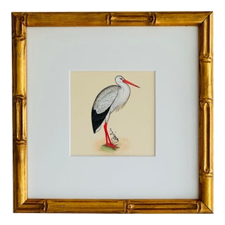 Original Hand-Painted White Stork Painting, Framed For Sale